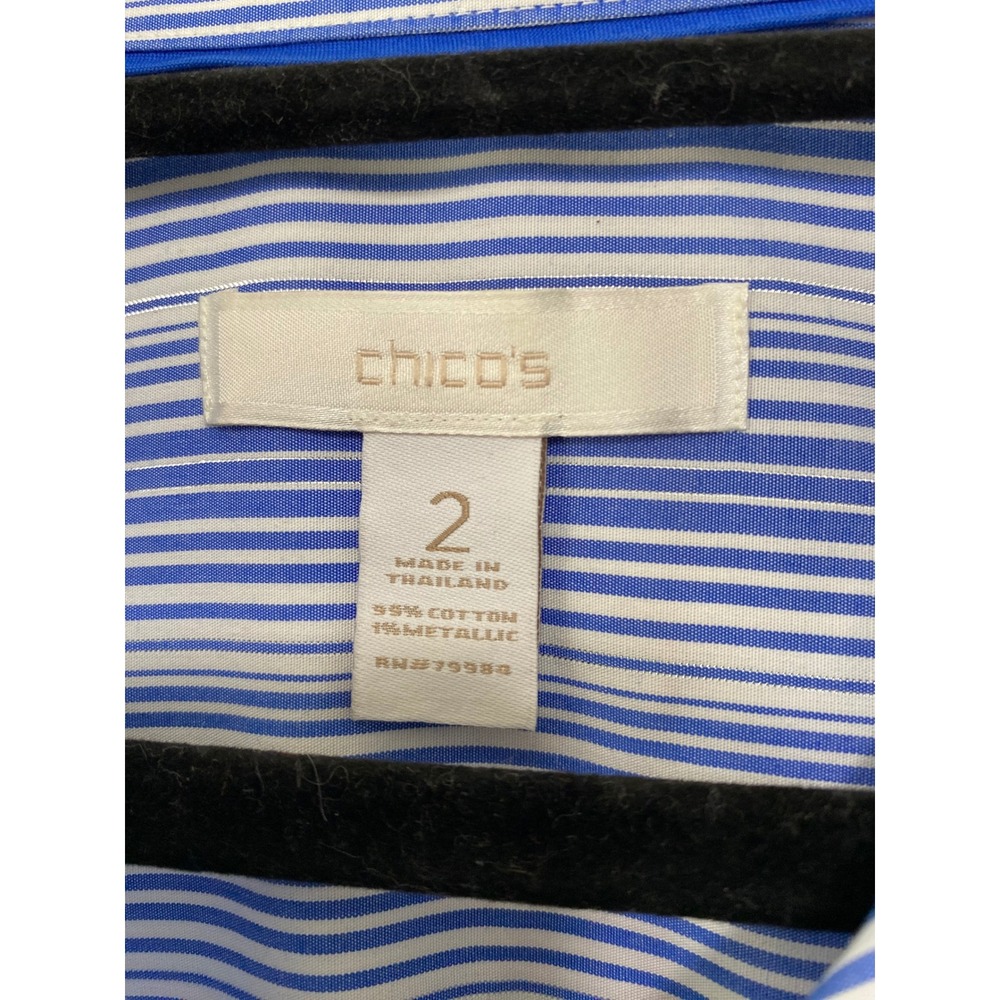 Chicos Button Down Shirt Womens 2 Large Blue Striped No-Iron 3/4 Sleeve Metallic - Picture 8 of 10